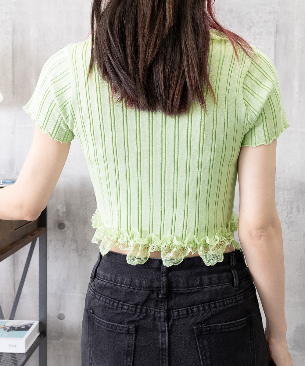 レースフリルニットトップスショート丈夏服 詳細画像23