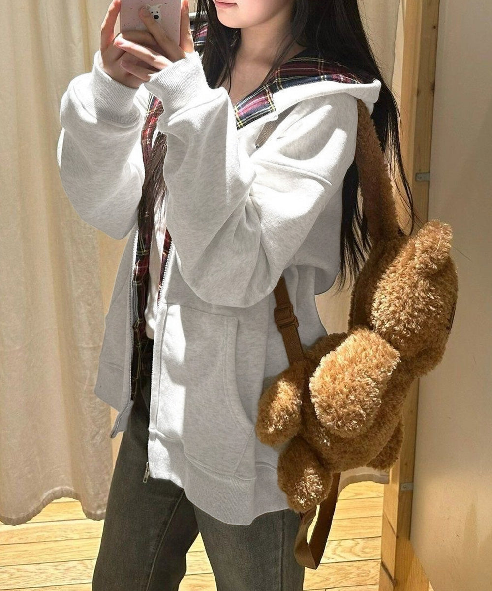 チェック裏地パーカー配色ジップフーディー 詳細画像10