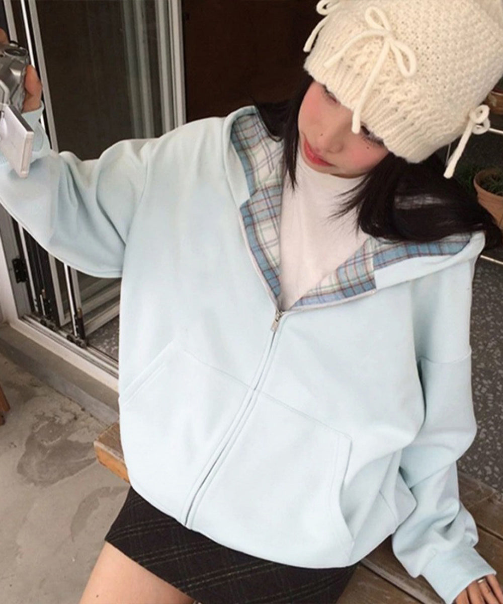 チェック裏地パーカー配色ジップフーディー 詳細画像16