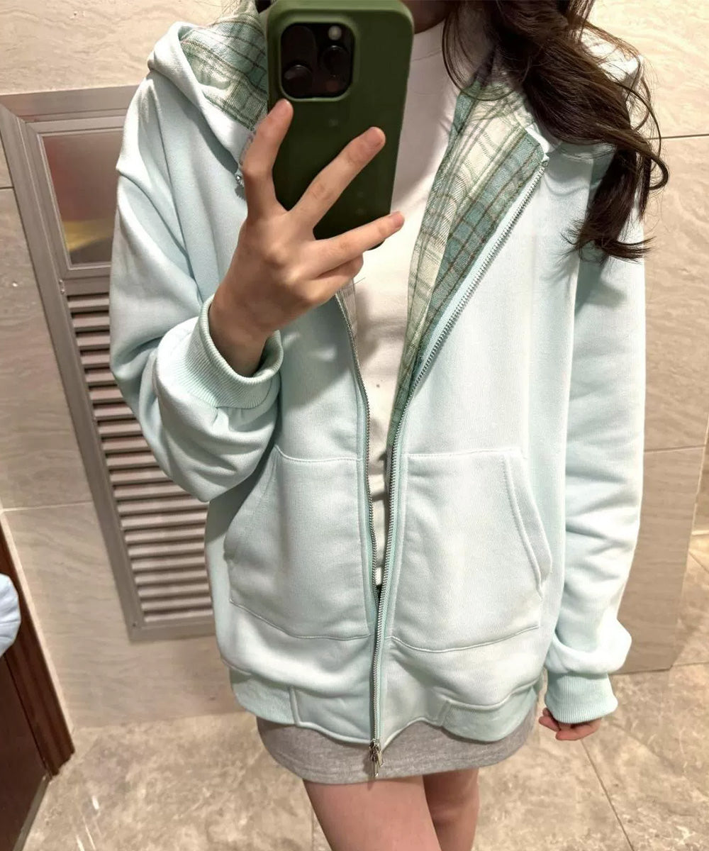 チェック裏地パーカー配色ジップフーディー 詳細画像21