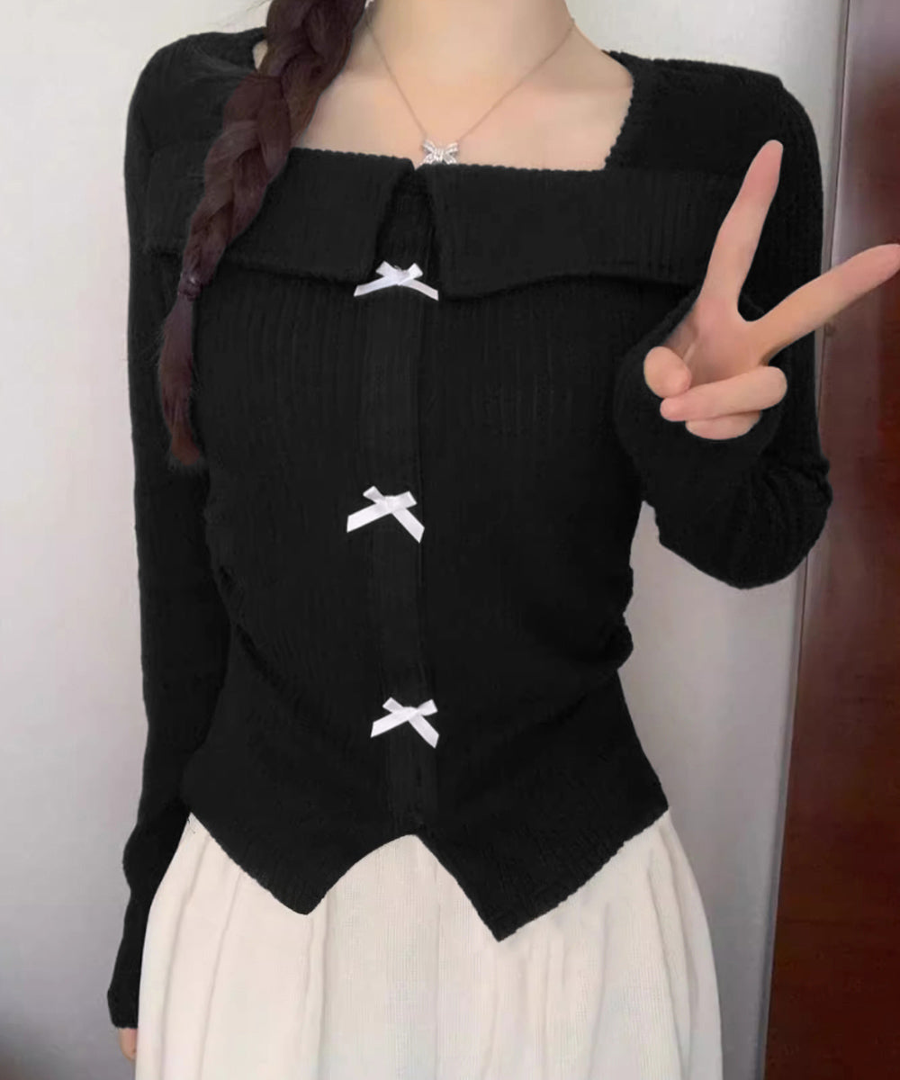 リボンニットトップス スクエアネック秋服 詳細画像5
