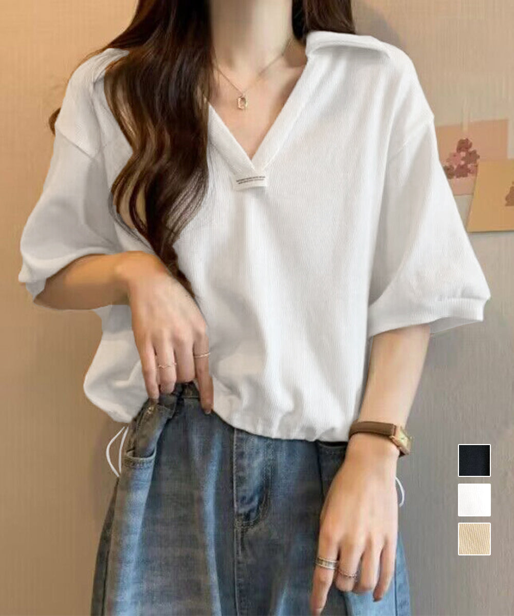 Vネックポロ襟カットソー レディース夏服 詳細画像1