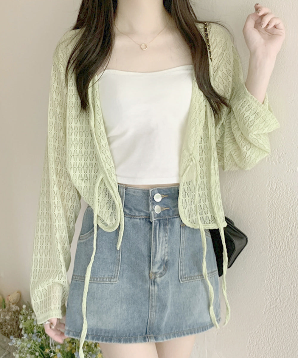 透かし編み シアーカーディガン 長袖夏服 ショート丈トップス レディース フロントリボン サマートップス 透け感 UV対策 韓国ファッション 通学通勤 無地カーデ 77ANMN-001