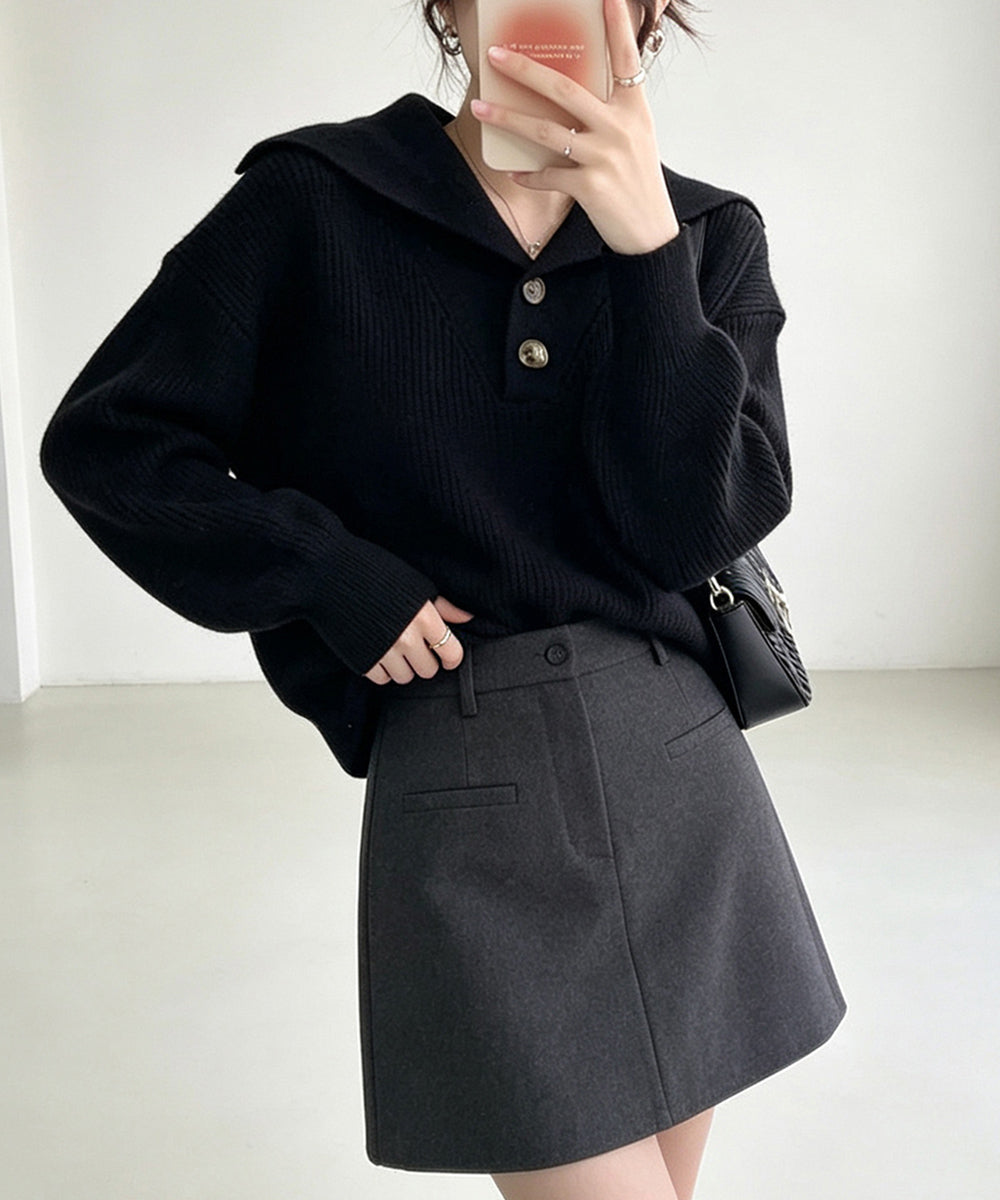 ニットトップス ショート丈 韓国風 秋冬 ポロ襟ニットセーター 大人可愛い リブ編み ニットソー 中厚手 襟付きニット ニットウェア 通学通勤 セーラー襟ニット 77LEFEI-001