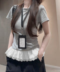 Tシャツ 裾レース切替 カットソー 夏服 レディース レースフリルトップス ラウンドネック プルオーバー ヘムレース レイヤード風 カジュアル 韓国風 お洒落夏t 77PENGF-001