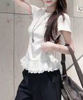 Tシャツ 裾レース切替 カットソー 夏服 レディース レースフリルトップス ラウンドネック プルオーバー ヘムレース レイヤード風 カジュアル 韓国風 お洒落夏t 77PENGF-001