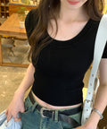 サマーニット Uネック クロップド丈夏服 レディースリブニット へそ出し ショート丈トップス 半袖 フィットニット シンプル 大人カジュアル プルオーバー 韓国風 77PHONGF-001