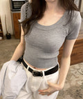 サマーニット Uネック クロップド丈夏服 レディースリブニット へそ出し ショート丈トップス 半袖 フィットニット シンプル 大人カジュアル プルオーバー 韓国風 77PHONGF-001