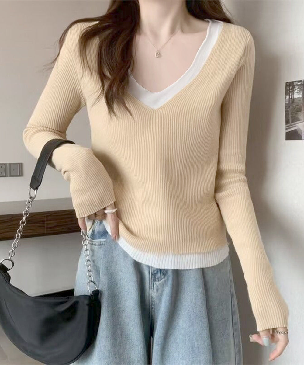 ニットトップス レイヤード風 Vネック服 レディース ニットソー 長袖 重ね着風 プルオーバー 春秋冬 リブニット 可愛い 韓国ファッション ニットウェア 着回し 77SHIN-001