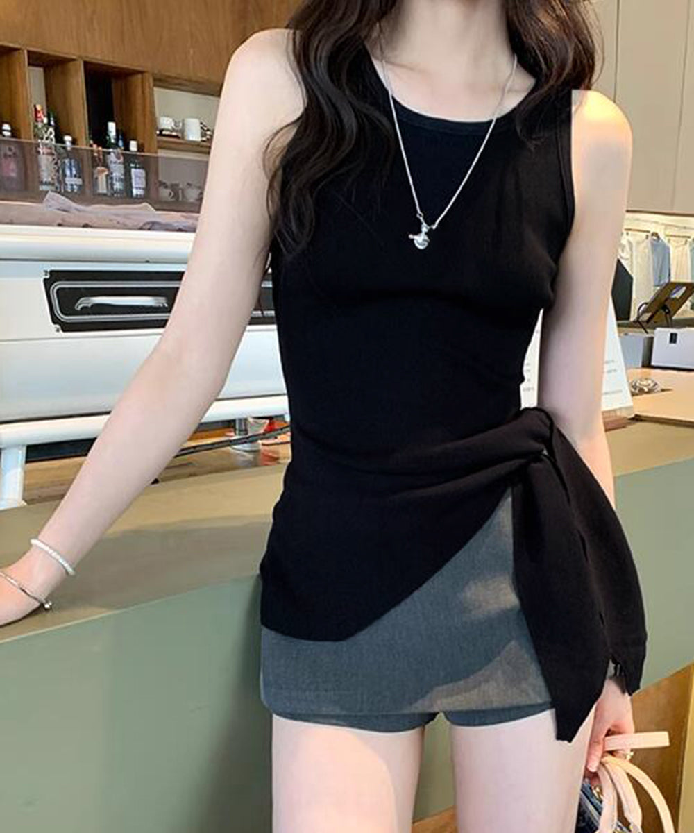 タンクトップ 韓国風 サイドスリット夏服 ブラック
