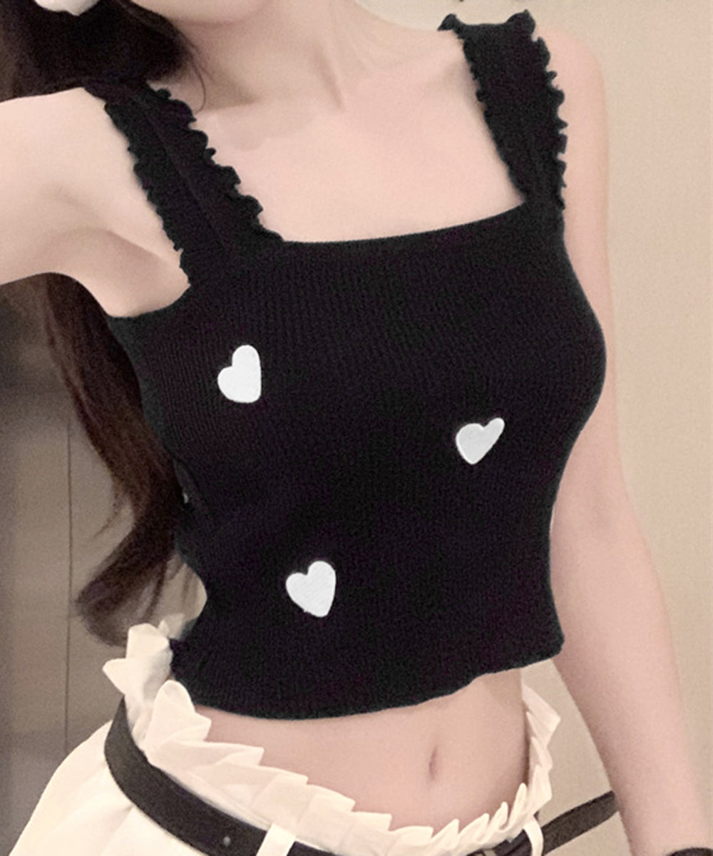 タンクトップ 韓国風夏服 ハート柄キャミ キャミソール レディース サマーニット ショート丈 ノースリーブ 春夏トップス スクエアネック 重ね着インナー オシャレ 77XF-020