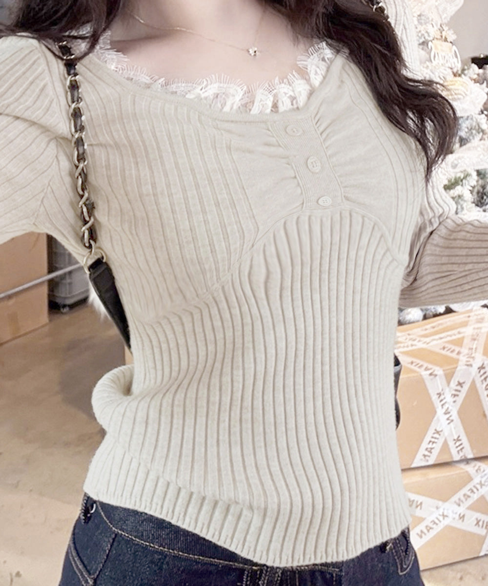 ニットトップス レースネック 長袖 秋冬 リブニット フェミニン 重ね着インナー 大人可愛い ニットカットソー 細見え Uネック 韓国風 無地ニットウェア 着回し 77XIAOHD-010