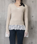 ニットトップス レース切替え Vネック服 レディースニットソー 春秋冬服 ニットウエア 韓国風 ニットインナー オフィスカジュアル フェミニンニット リブトップス 77ZHYI-001