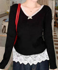 ニットトップス レース切替え Vネック服 レディースニットソー 春秋冬服 ニットウエア 韓国風 ニットインナー オフィスカジュアル フェミニンニット リブトップス 77ZHYI-001