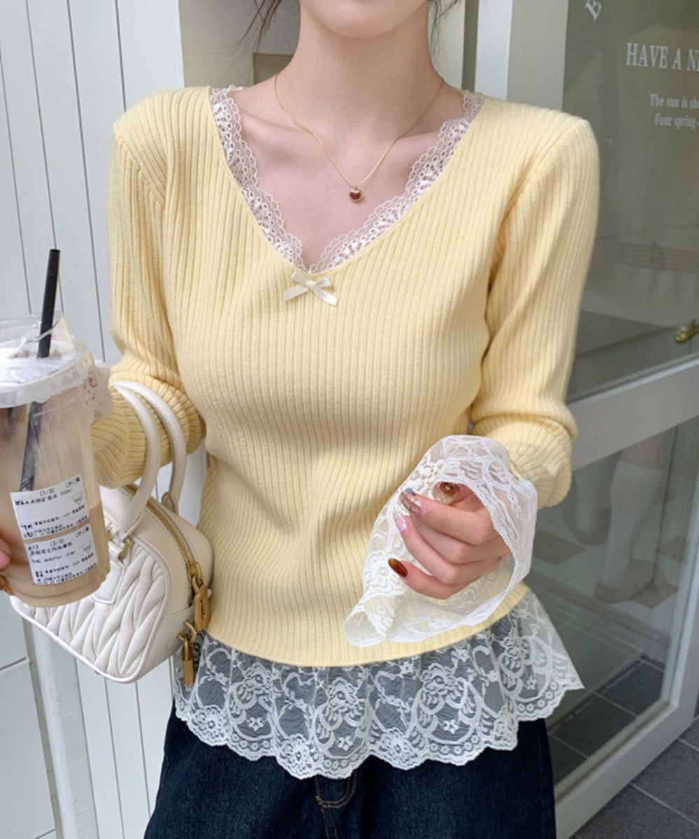 ニットトップス レース切替え Vネック服 レディースニットソー 春秋冬服 ニットウエア 韓国風 ニットインナー オフィスカジュアル フェミニンニット リブトップス 77ZHYI-001