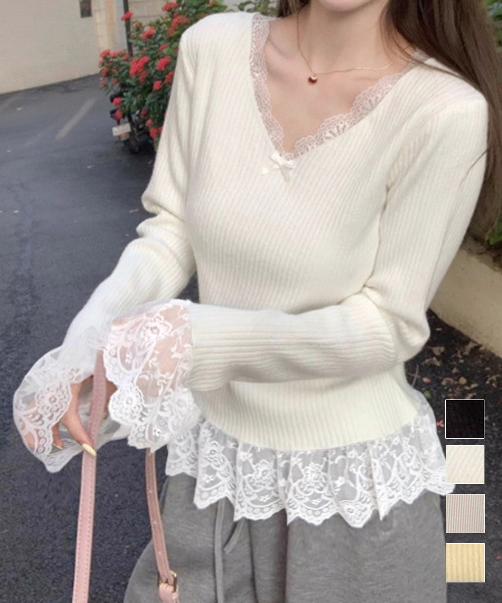 ニットトップス レース切替え Vネック服 詳細画像1