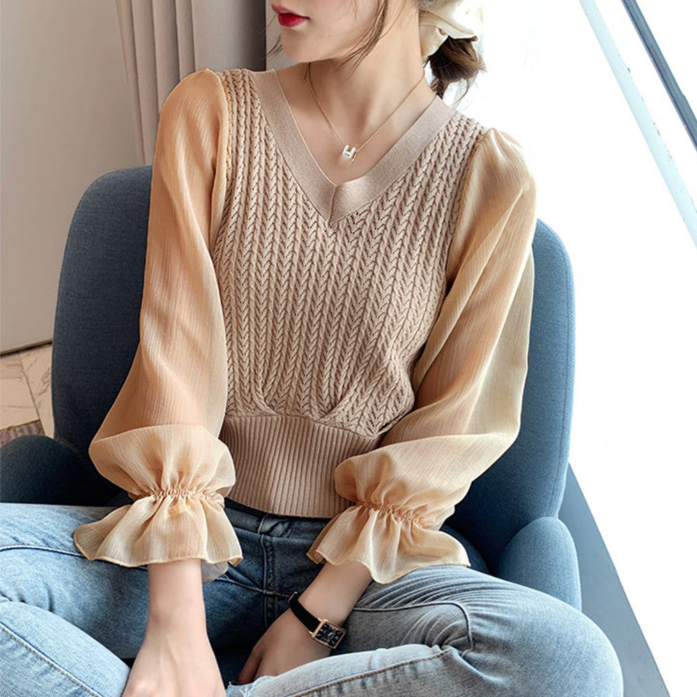 レディース ニットトップス  韓国 秋服 ダークベージュ