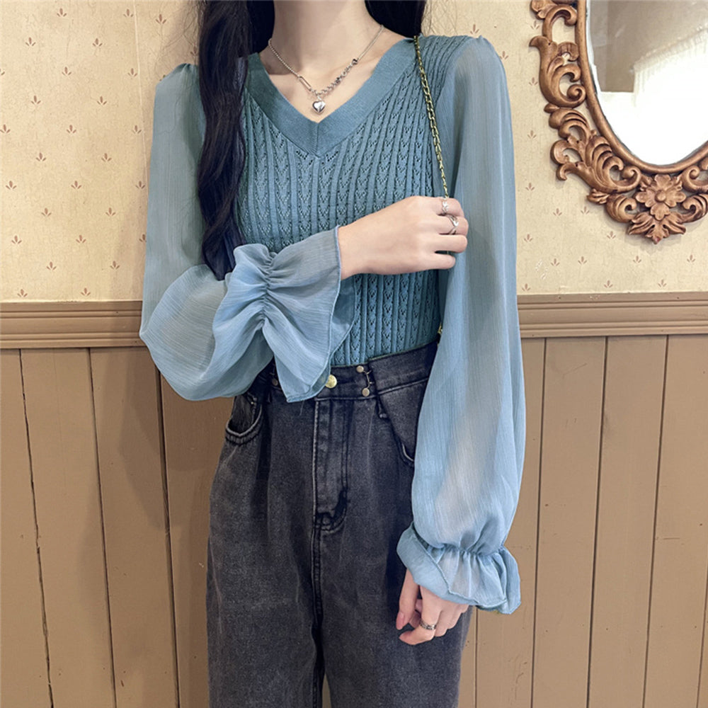 レディース ニットトップス  韓国 秋服 ブルー