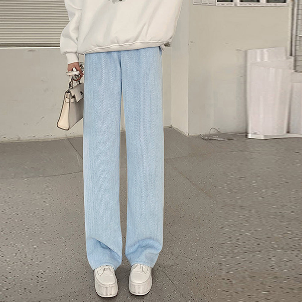 ワイドパンツ レディース韓国ニットパンツ 薄ブルー