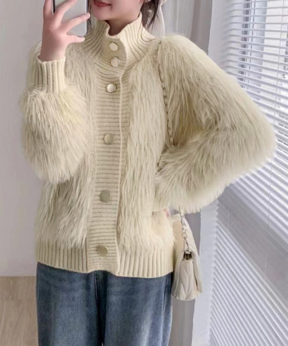 ファーカーディガン スタンドカラー 韓国 ベージュ