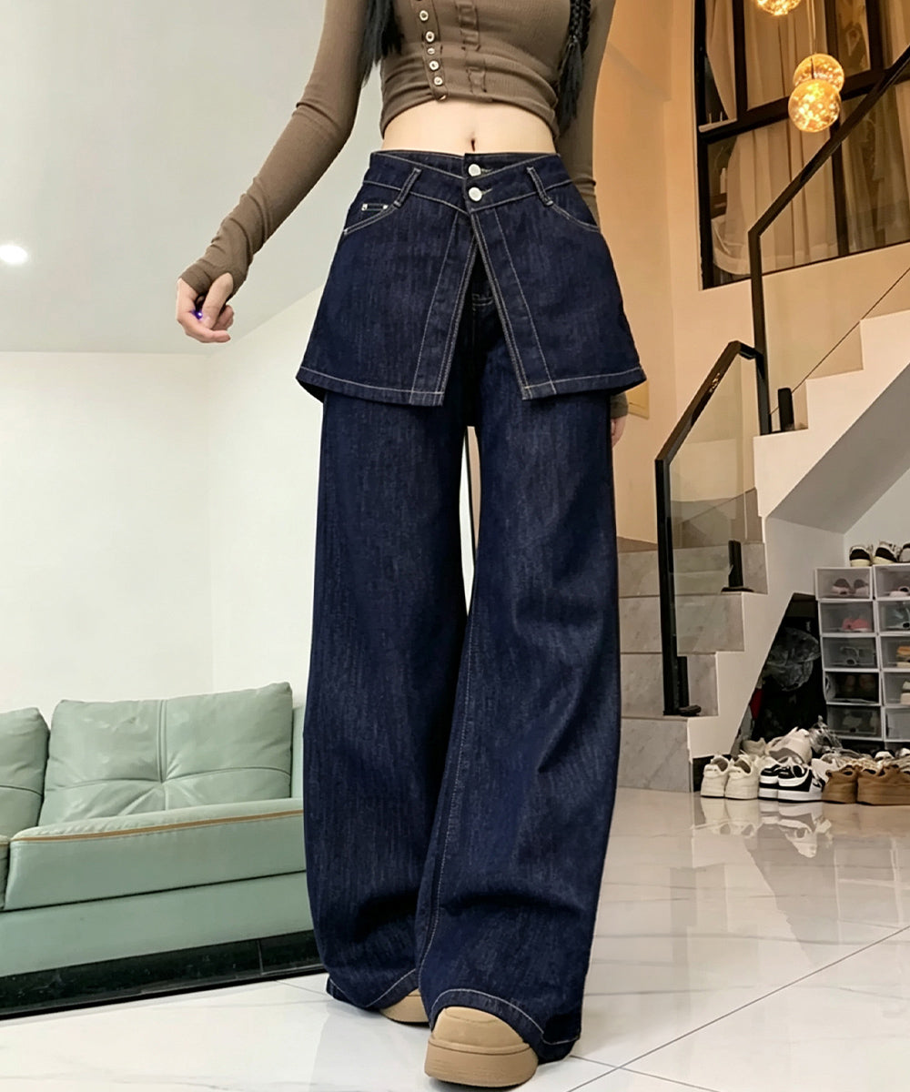 ヒップカバー付き ベルボトムワイドデニム レイヤード風デニムパンツ レディース ゆったり ラップスカート風フレアワイドデニムレトロ 体型カバーロングパンツ美脚脚長 80TMENG-001