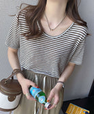 ボーダー柄Tシャツ Vネックカットソー夏 ブラウン