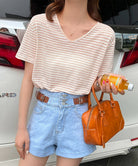 ボーダー柄Tシャツ Vネックカットソー夏 ピンクベージュ