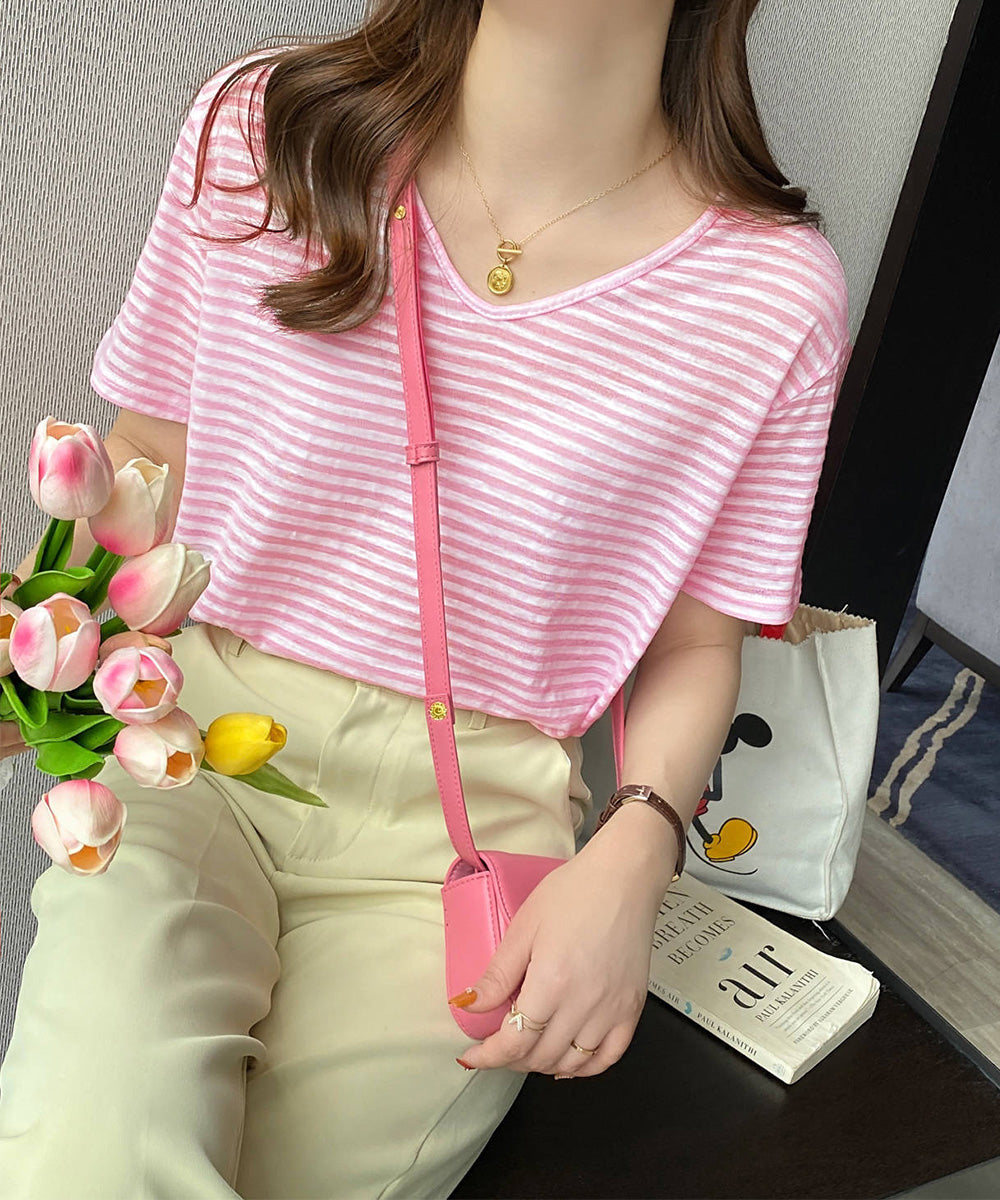 ボーダー柄Tシャツ Vネックカットソー夏 チェリーピンク