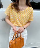 ボーダー柄Tシャツ Vネックカットソー夏 イエロー