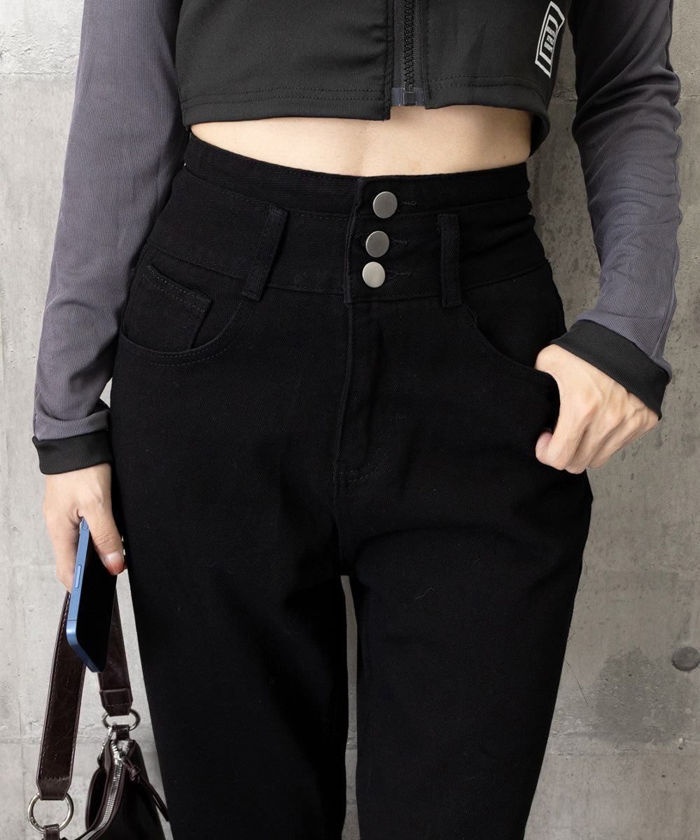ハイウエスト デニムパンツ レディース 美脚ストレートパンツ 着やせ セミワイドパンツ ボタン付き ジーパン ロングズボン オシャレ カジュアルパンツ 80YFG-001
