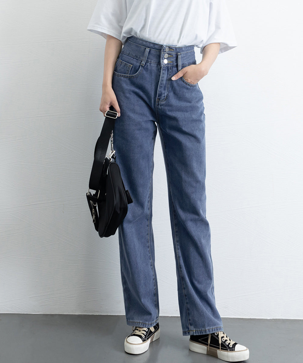 ハイウエスト デニムパンツ レディース 美脚ストレートパンツ 着やせ セミワイドパンツ ボタン付き ジーパン ロングズボン オシャレ カジュアルパンツ 80YFG-001