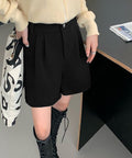 タックショートパンツウール風ワイドパンツ ブラック