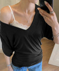VネックTシャツ レースキャミソール単品 ドルマンスリーブtシャツ半袖 オフショルダーTシャツ 半袖無地t 薄手トップス インナーキャミソール 2タイプ選べる夏服 80YIKLI-001