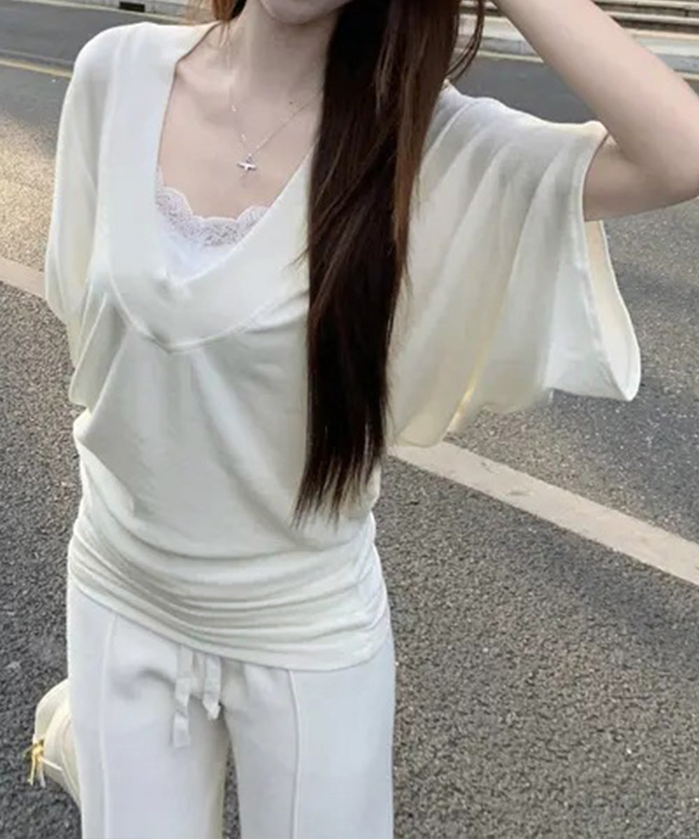 VネックTシャツ レースキャミソール単品 ドルマンスリーブtシャツ半袖 オフショルダーTシャツ 半袖無地t 薄手トップス インナーキャミソール 2タイプ選べる夏服 80YIKLI-001