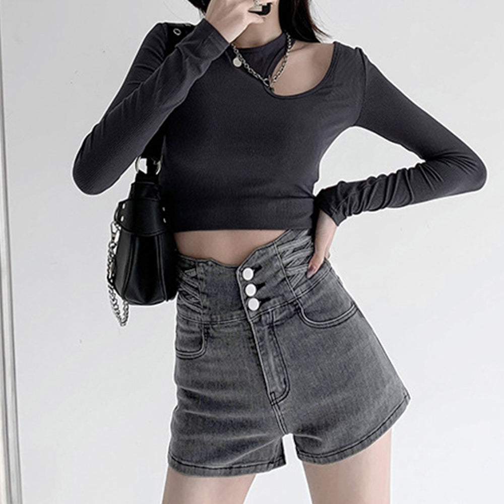 デニム ショートパンツ レディース 美脚 チャコールグレー