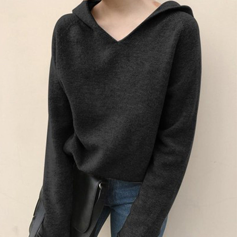 フード付き ニットトップス レディース ブラック