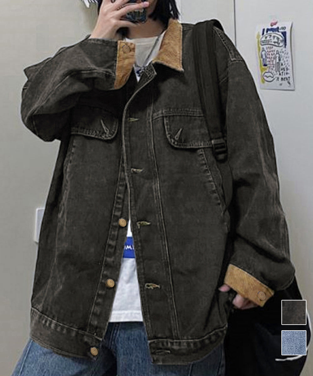 コーデュロイ襟デニムジャケットアウター秋 詳細画像1