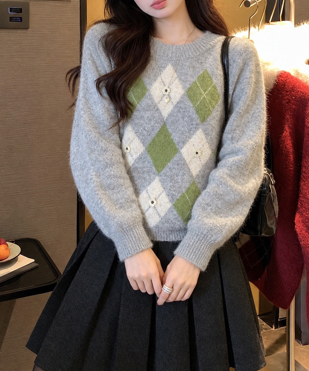 アーガイル柄 クルーネックニットセーター