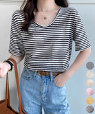 ボーダー柄Tシャツ Vネックカットソー夏 詳細画像1
