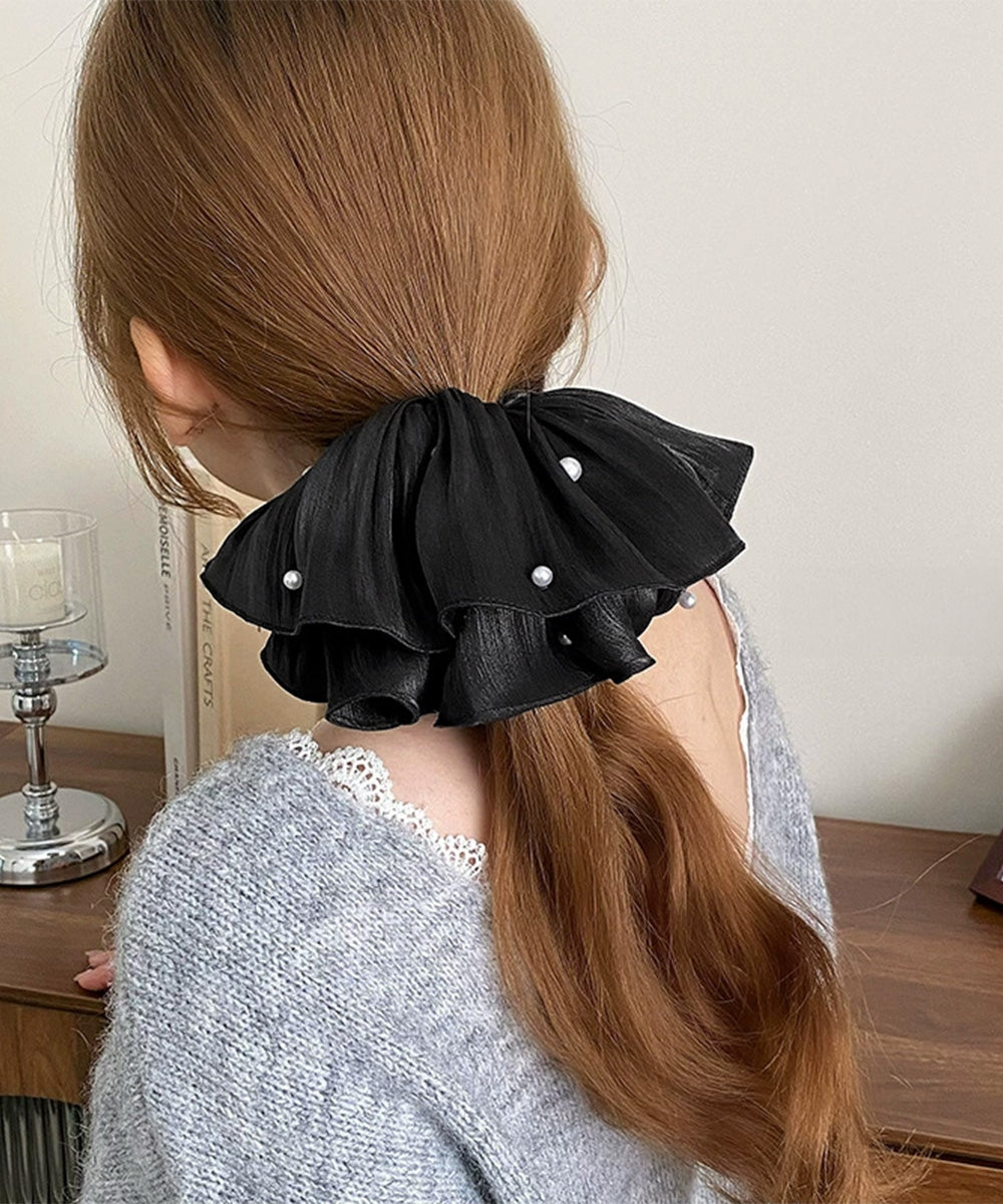 パール付きシュシュ 上品プリーツヘアゴム ブラック