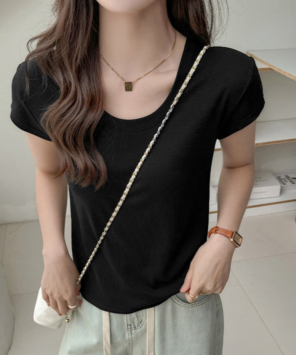 UネックTシャツ レディース 半袖 夏服 ブラック