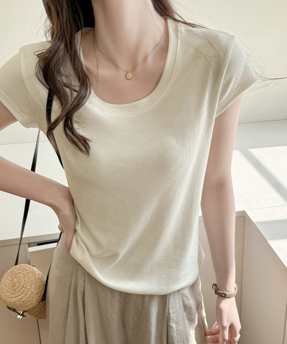 UネックTシャツ レディース 半袖 夏服 オフホワイト