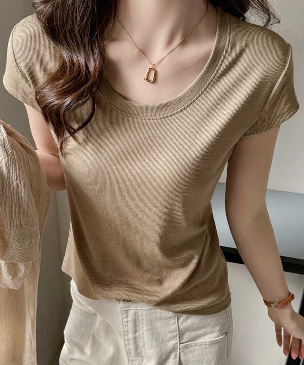 UネックTシャツ レディース 半袖 夏服 モカ