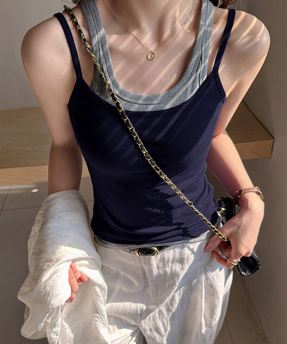 レイヤード風キャミソール 韓国風配色夏服 レディース 重ね着風キャミソール 細見えドッキング リブタンクトップ きれいめカジュアルインナー バイカラータンク着やせ 83FENGSE-003