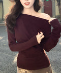 オフショルニットトップスサイドタック長袖 2way ニットソー レディース オフショルダーニットプルオーバー フェミニン 春秋服 ギャザーニットセーターオルチャン 83HTAO-004