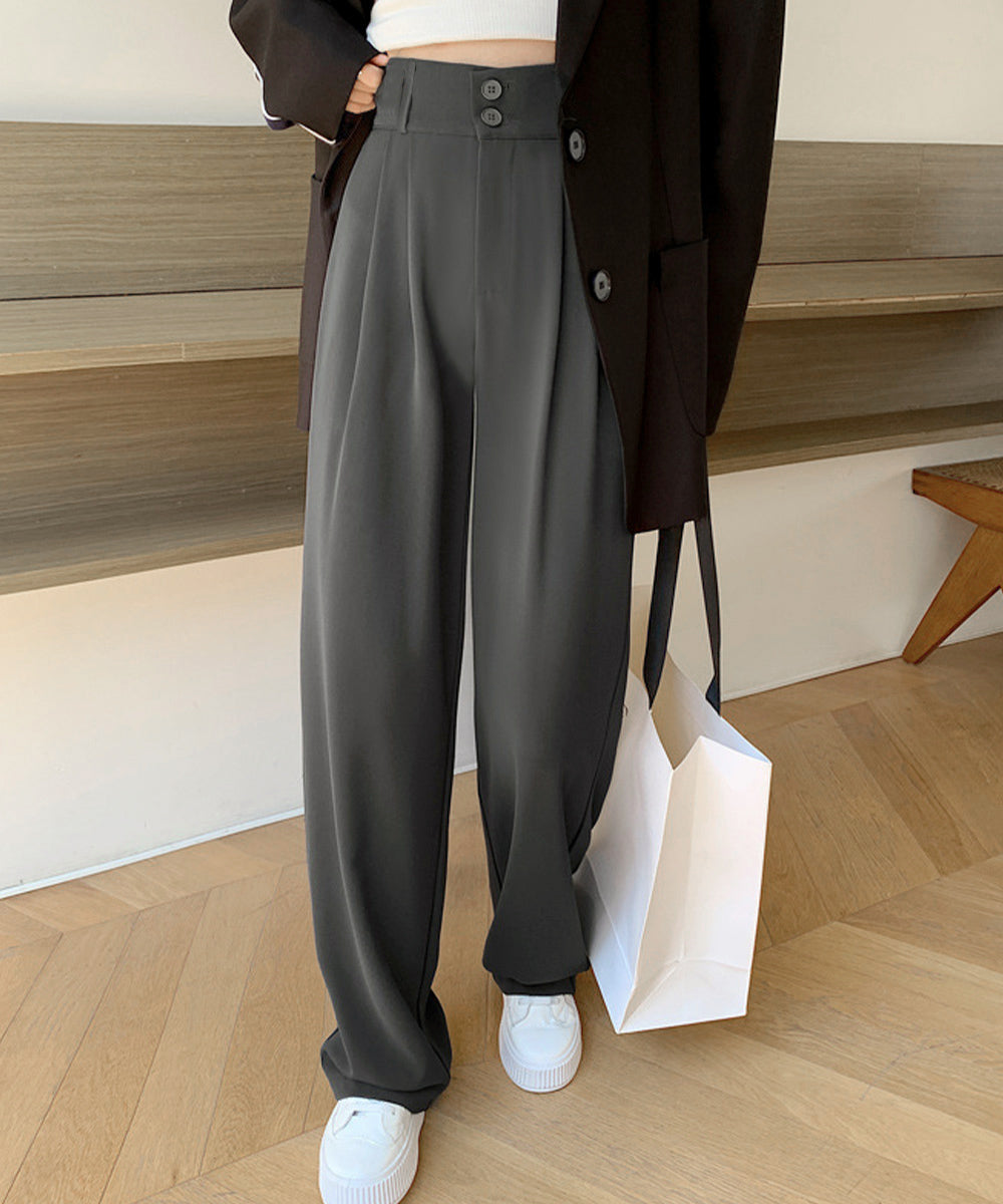 ワイドパンツ ツータックスラックスパンツ レディース ダブルボタンストレートパンツ オフィスカジュアル 着やせロングパンツ ハイウエストイージーパンツ バックゴム 83JIAYANG-001