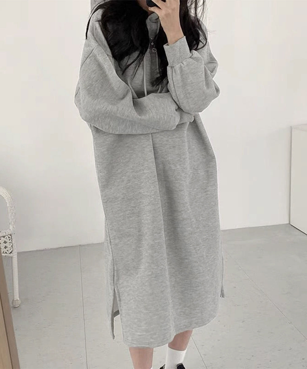 裏起毛 ロングパーカーワンピース 着やせ レディース 大人カジュアル ロングワンピース 体型カバー サイドスリット ゆったりフーディーワンピース スウェットワンピ 83JIXI-002