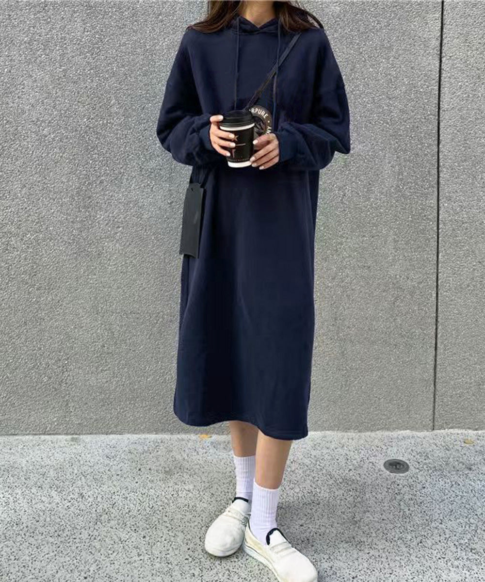 裏起毛 ロングパーカーワンピース 着やせ レディース 大人カジュアル ロングワンピース 体型カバー サイドスリット ゆったりフーディーワンピース スウェットワンピ 83JIXI-002