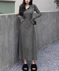 リブニットワンピース 長袖 ロングワンピ レディース フロントボタンワンピース タイトめシルエット 大人可愛い Vネックボディコンワンピ 無地ストレッチワンピ秋冬 83JXX-001