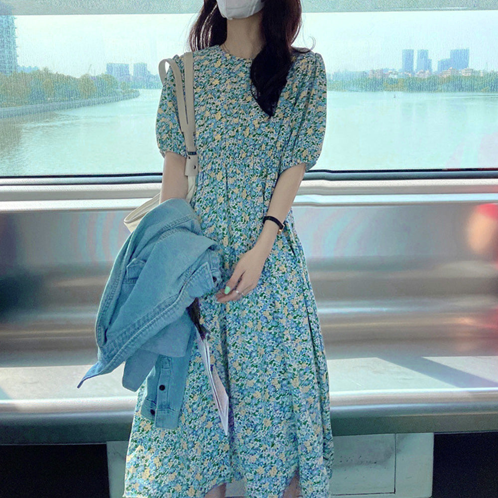 花柄 ロングワンピース レディース 春夏 ブルーグリーン